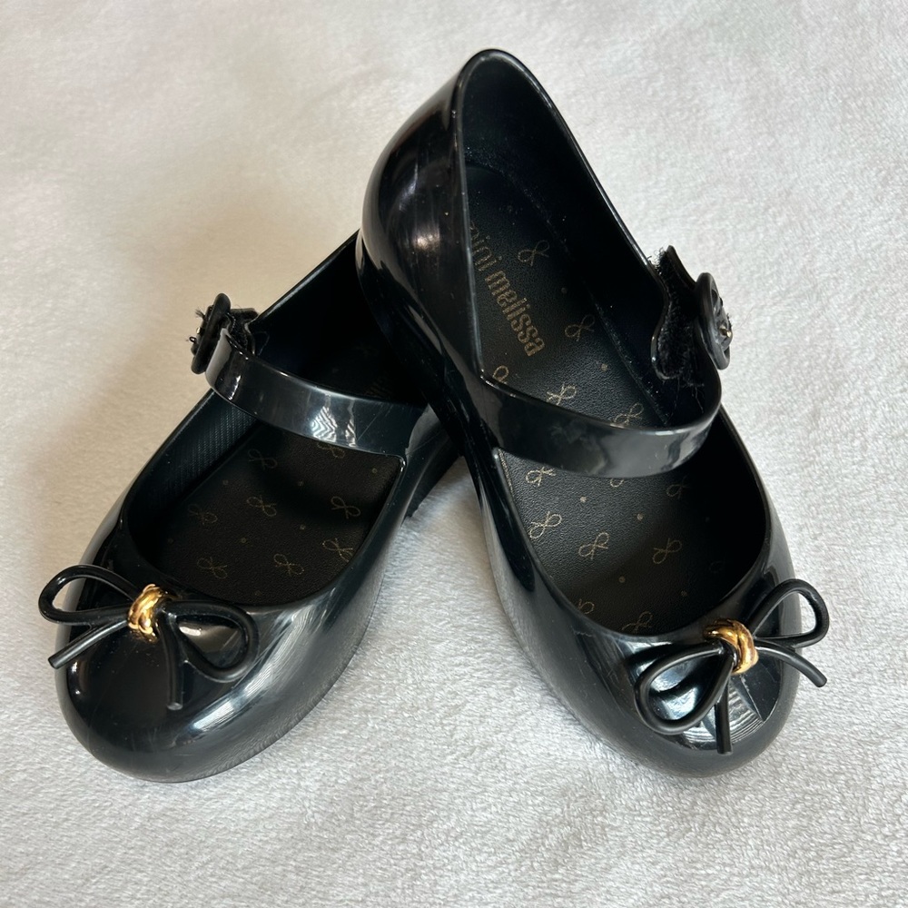 Mini Melissa Shiny Black Dress Shoes with Bow Accent